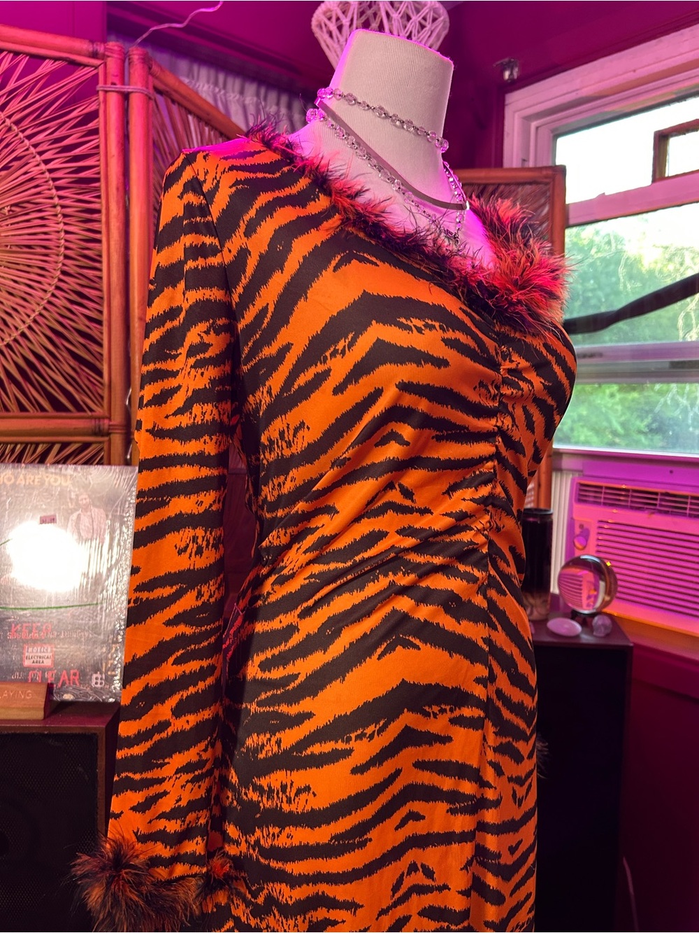 Vintage 70s Orange and Black Tiger-Stripe Midi Dress with Feather Trim - Picture 3 of 5